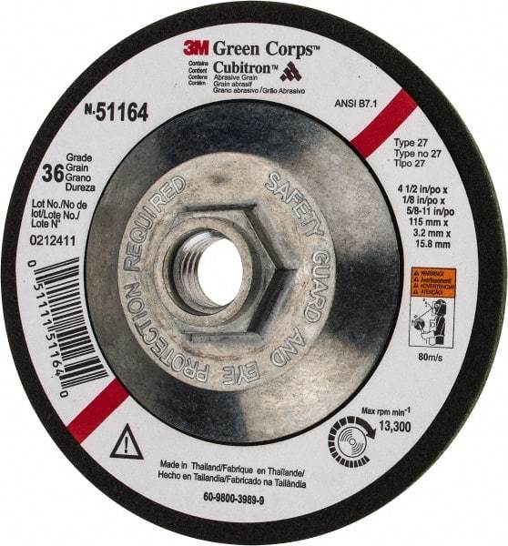 3M - 36 Grit, 4-1/2" Wheel Diam, 1/8" Wheel Thickness, Type 27 Depressed Center Wheel - Ceramic, 13,300 Max RPM, Compatible with Angle Grinder - Eagle Tool & Supply