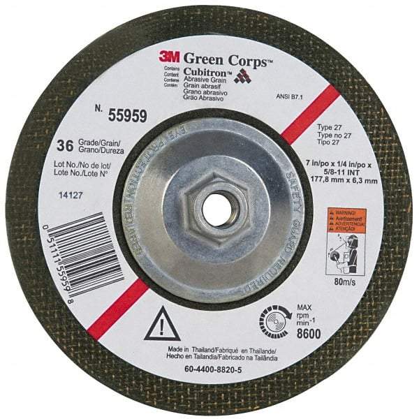 3M - 36 Grit, 7" Wheel Diam, 1/4" Wheel Thickness, Type 27 Depressed Center Wheel - Ceramic, 8,600 Max RPM, Compatible with Angle Grinder - Eagle Tool & Supply