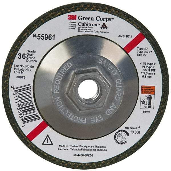 3M - 36 Grit, 4-1/2" Wheel Diam, 1/4" Wheel Thickness, Type 27 Depressed Center Wheel - Ceramic, 13,300 Max RPM, Compatible with Angle Grinder - Eagle Tool & Supply