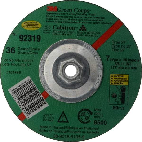 3M - 36 Grit, 7" Wheel Diam, 1/8" Wheel Thickness, Type 27 Depressed Center Wheel - Ceramic, 8,500 Max RPM, Compatible with Angle Grinder - Eagle Tool & Supply