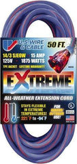 Value Collection - 50', 14/3 Gauge/Conductors, Blue/Pink Indoor & Outdoor Extension Cord - 1 Receptacle, 15 Amps, 125 Volts, UL SJEOW, NEMA 5-15P - Eagle Tool & Supply