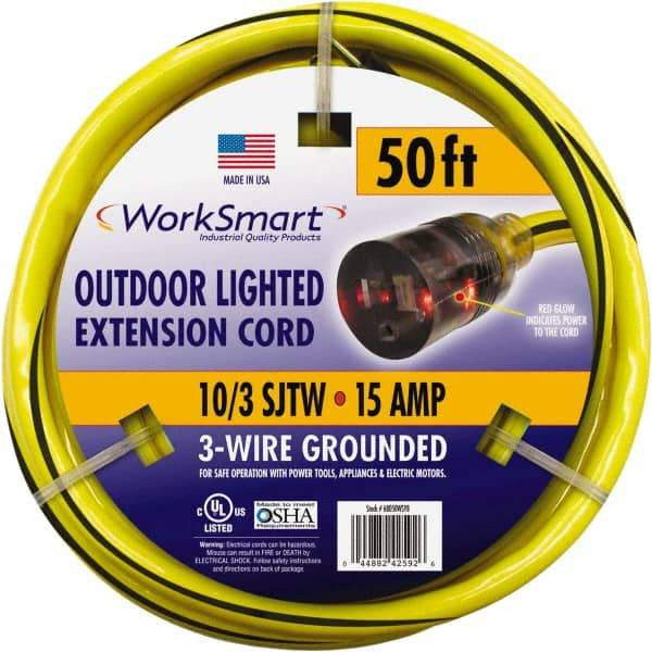 Value Collection - 50', 10/3 Gauge/Conductors, Yellow/Black Outdoor Extension Cord - 1 Receptacle, 15 Amps, UL SJTW, NEMA 5-15P - Eagle Tool & Supply