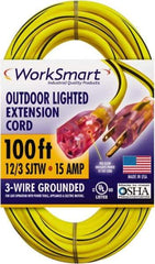 Value Collection - 100', 12/3 Gauge/Conductors, Yellow/Black Outdoor Extension Cord - 1 Receptacle, 15 Amps, UL SJTW, NEMA 5-15P - Eagle Tool & Supply