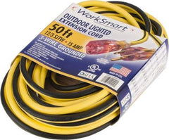 Value Collection - 50', 12/3 Gauge/Conductors, Yellow/Black Outdoor Extension Cord - 1 Receptacle, 15 Amps, UL SJTW, NEMA 5-15P - Eagle Tool & Supply