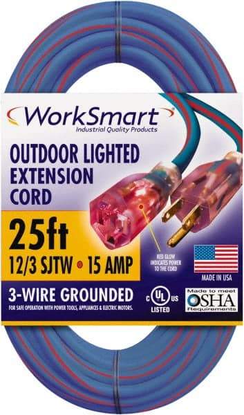 Value Collection - 25', 12/3 Gauge/Conductors, Blue/Red Outdoor Extension Cord - 1 Receptacle, 15 Amps, UL SJTW, NEMA 5-15P - Eagle Tool & Supply