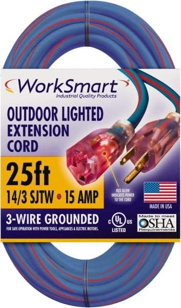 Value Collection - 25', 14/3 Gauge/Conductors, Blue/Red Outdoor Extension Cord - 1 Receptacle, 15 Amps, UL SJTW, NEMA 5-15P - Eagle Tool & Supply