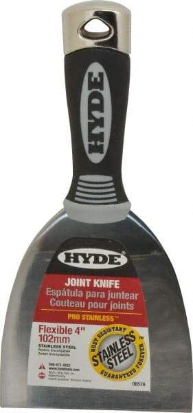 Hyde Tools - 4" Wide Stainless Steel Putty Knife - Flexible, Cushioned Grip / Hammerhead Polypropylene Handle, 8" OAL - Eagle Tool & Supply