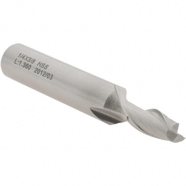 Value Collection - 1/4", 1/2" LOC, 3/8" Shank Diam, 2-5/16" OAL, 2 Flute, High Speed Steel Square End Mill - Single End, Uncoated, Spiral Flute, 30° Helix, Centercutting, Right Hand Cut, Right Hand Flute - Eagle Tool & Supply