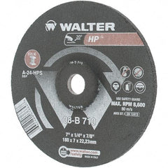 Value Collection - 24 Grit, 7" Wheel Diam, 1/4" Wheel Thickness, 7/8" Arbor Hole, Type 27 Depressed Center Wheel - Aluminum Oxide, Resinoid Bond, 8,600 Max RPM - Eagle Tool & Supply