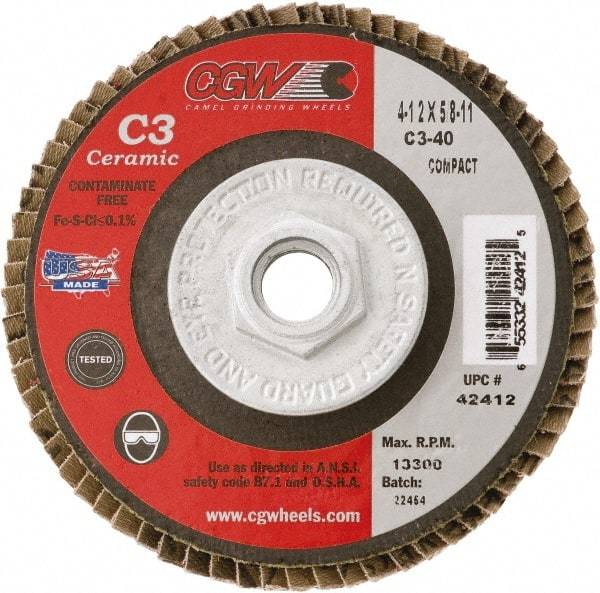 Camel Grinding Wheels - 36 Grit, 7" Disc Diam, 5/8-11 Center Hole, Type 29 Ceramic Flap Disc - 8,600 Max RPM, Polyester Backing, Arbor Attaching System, Coated - Eagle Tool & Supply