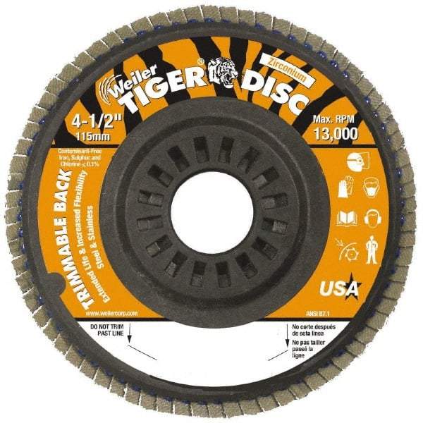 Weiler - 60 Grit, 4-1/2" Disc Diam, 7/8" Center Hole, Type 29 Zirconia Alumina Flap Disc - 13,000 Max RPM, Plastic Backing, Arbor Attaching System, Coated - Eagle Tool & Supply