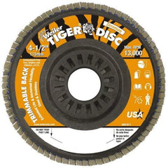 Weiler - 60 Grit, 4-1/2" Disc Diam, 7/8" Center Hole, Type 29 Zirconia Alumina Flap Disc - 13,000 Max RPM, Plastic Backing, Arbor Attaching System, Coated - Eagle Tool & Supply