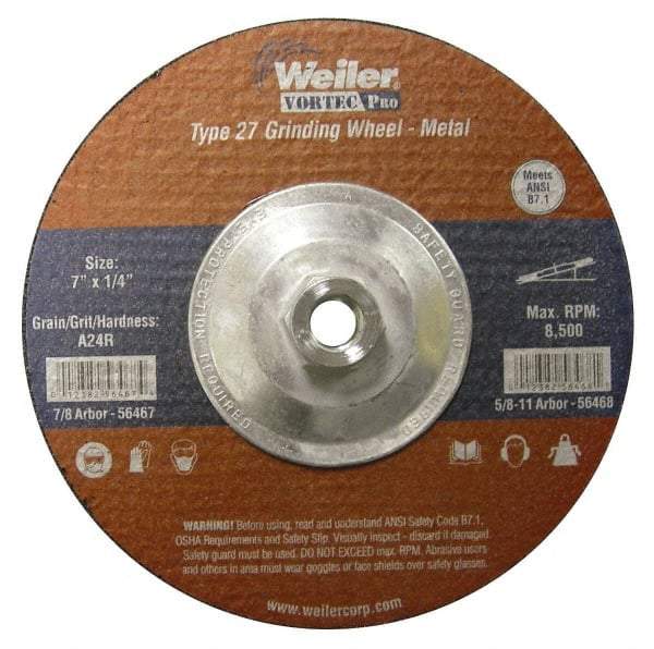 Weiler - 24 Grit, 7" Wheel Diam, 1/4" Wheel Thickness, Type 27 Depressed Center Wheel - Very Coarse Grade, Aluminum Oxide, Resinoid Bond, R Hardness, 8,500 Max RPM - Eagle Tool & Supply