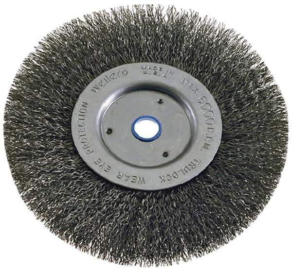 Weiler - 6" OD, 2" Arbor Hole, Crimped Steel Wheel Brush - 1-1/4" Face Width, 1-1/8" Trim Length, 0.008" Filament Diam, 6,000 RPM - Eagle Tool & Supply