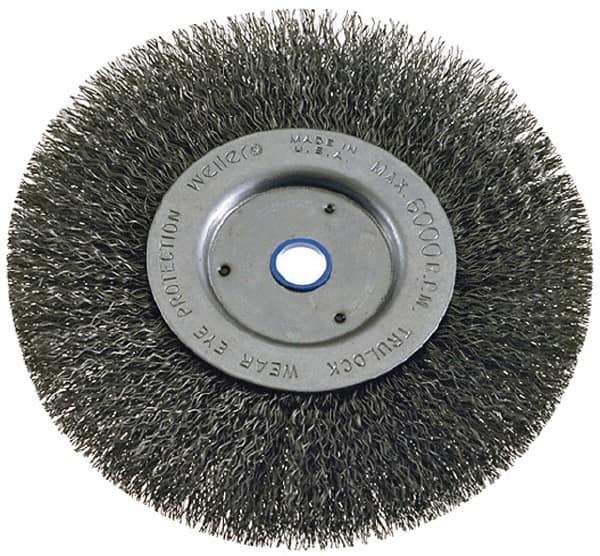 Weiler - 6" OD, 2" Arbor Hole, Crimped Steel Wheel Brush - 1" Face Width, 1-1/8" Trim Length, 0.008" Filament Diam, 6,000 RPM - Eagle Tool & Supply