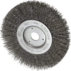 Weiler - 6" OD, 3/4" Arbor Hole, Crimped Wheel Brush - 1/2" Face Width, 1-7/16" Trim Length, 0.014" Filament Diam, 6,000 RPM - Eagle Tool & Supply