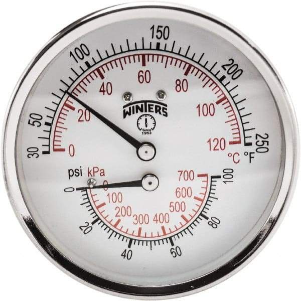 Winters - 3" Dial, 1/2 Thread, 0-100 Scale Range, Pressure Gauge - Center Back Connection Mount, Accurate to 0.03% of Scale - Eagle Tool & Supply