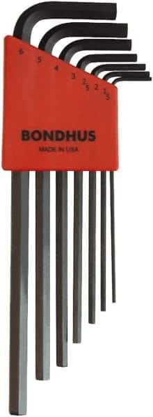 Bondhus - 7 Piece L-Key Ball End Hex Key Set - Hex Range 1.5 to 6mm, 8-3/4" OAL, Protanium High Torque Steel - Eagle Tool & Supply