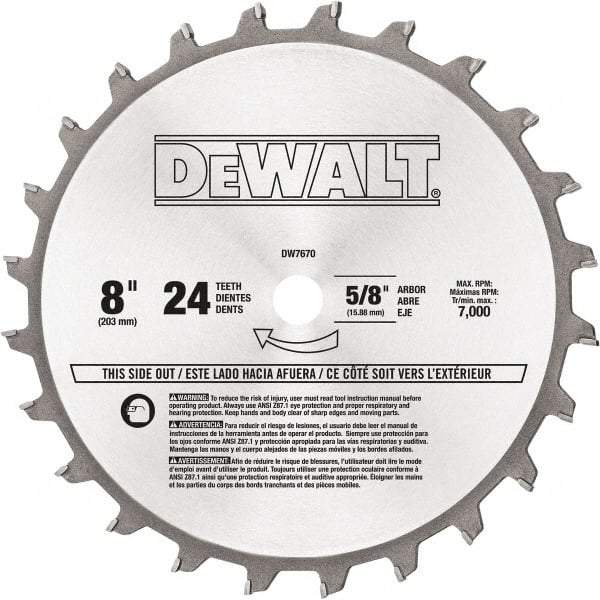 DeWALT - 8" Diam, 5/8" Arbor Hole Diam, 24 Tooth Wet & Dry Cut Saw Blade - Tungsten Carbide-Tipped, Standard Round Arbor - Eagle Tool & Supply