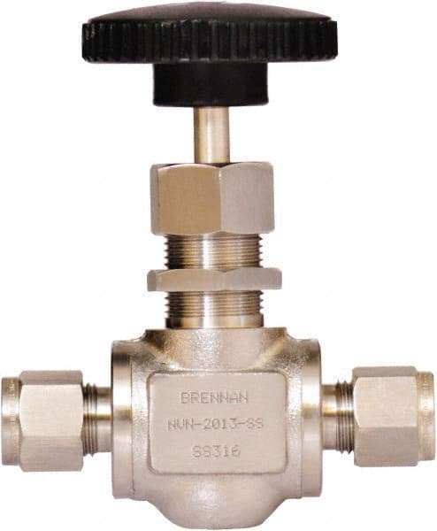 Brennan - 3/8" Pipe, Straight Needle Valve - PTFE Seal, Tube Ends, Stainless Steel Valve, 6,000 Max psi - Eagle Tool & Supply