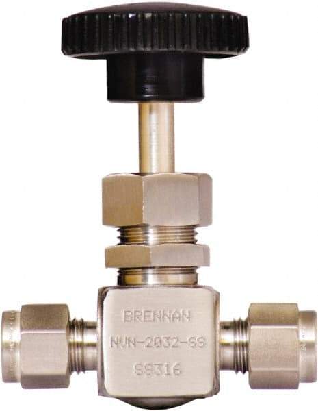 Brennan - 1/4" Pipe, Straight Needle Valve - PTFE Seal, Tube Ends, Stainless Steel Valve, 6,000 Max psi - Eagle Tool & Supply