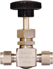 Brennan - 1/4" Pipe, Straight Needle Valve - PTFE Seal, Tube Ends, Stainless Steel Valve, 6,000 Max psi - Eagle Tool & Supply