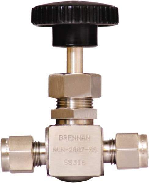 Brennan - 1/4" Pipe, Straight Needle Valve - PTFE Seal, Tube Ends, Stainless Steel Valve, 6,000 Max psi - Eagle Tool & Supply