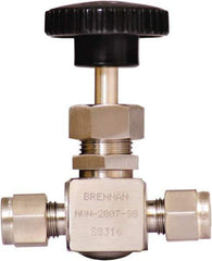 Brennan - 1/4" Pipe, Straight Needle Valve - PTFE Seal, Tube Ends, Stainless Steel Valve, 6,000 Max psi - Eagle Tool & Supply
