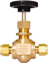 Brennan - 3/8" Pipe, Straight Needle Valve - PTFE Seal, Tube Ends, Brass Valve, 3,000 Max psi - Eagle Tool & Supply