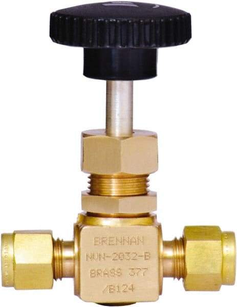 Brennan - 1/4" Pipe, Straight Needle Valve - PTFE Seal, Tube Ends, Brass Valve, 3,000 Max psi - Eagle Tool & Supply