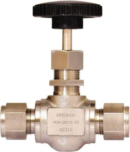 Brennan - 1/2" Pipe, Straight Needle Valve - PTFE Seal, Tube Ends, Stainless Steel Valve, 6,000 Max psi - Eagle Tool & Supply