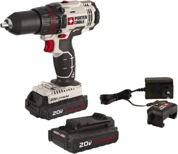 Porter-Cable - 20 Volt 1/2" Chuck Pistol Grip Handle Cordless Drill - 0-350 & 0-1500 RPM, Single-Sleeve Ratcheting Chuck, Reversible, 2 Lithium-Ion Batteries Included - Eagle Tool & Supply