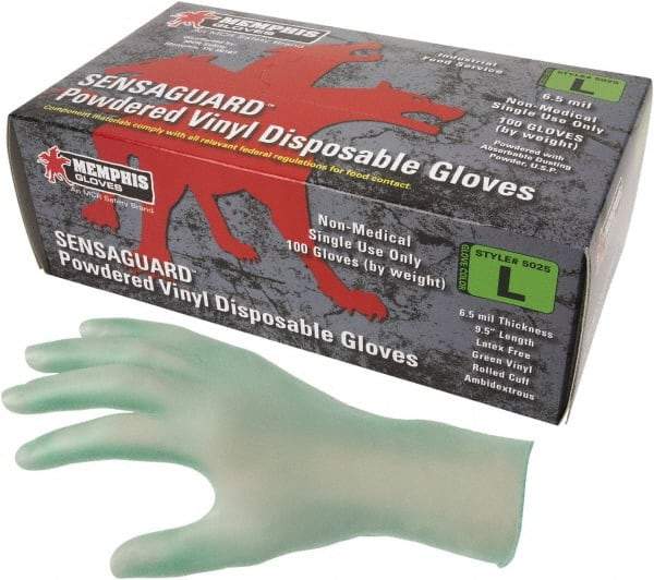 MCR Safety - Size XL, 6-1/2 mil, Industrial Grade, Powdered Vinyl Disposable Gloves - 9-1/2" Long, Green, Smooth Rolled Cuffs, FDA Approved, Ambidextrous - Eagle Tool & Supply