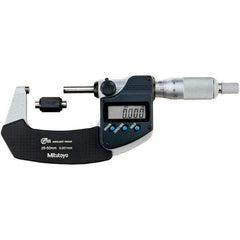 Mitutoyo - Standard Throat IP65 Electronic Outside Micrometer - Ratchet Stop Thimble, Carbide-Tipped Face, SR44 Battery - Eagle Tool & Supply