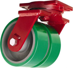 Hamilton - 10" Diam x 3" Wide x 12-1/2" OAH Top Plate Mount Dual Swivel Caster - Polyurethane Mold onto Cast Iron Center, 4,000 Lb Capacity, Sealed Precision Ball Bearing, 6-1/8 x 7-1/2" Plate - Eagle Tool & Supply