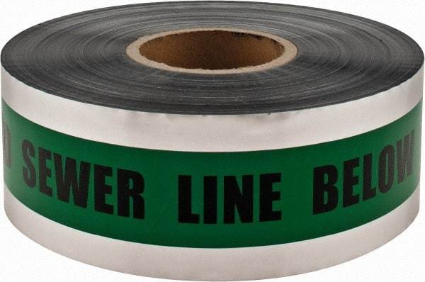 PRO-SAFE - Caution: Buried Sewer Line Below, Detectable Underground Tape - 1,000 Ft. Long x 3 Inch Wide Roll, Polyethylene on Aluminum, 5 mil Thick, Green - Eagle Tool & Supply