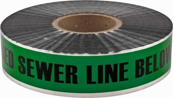 PRO-SAFE - Caution: Buried Sewer Line Below, Detectable Underground Tape - 1,000 Ft. Long x 2 Inch Wide Roll, Polyethylene on Aluminum, 5 mil Thick, Green - Eagle Tool & Supply