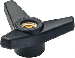 Elesa - 2-1/2" Head Diam, 5/16-18 Hole, 1.375" High, Glass Fibre Reinforced Technopolymer 3 Arm Knob - 1" Hub Diam, 0.98 Head Height, Thru Female Insert Style, 13/16 Hole Depth, Black - Eagle Tool & Supply