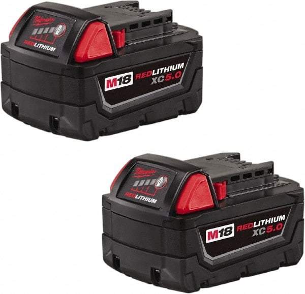 Milwaukee Tool - 18 Volt Lithium-Ion Power Tool Battery - 5 Ahr Capacity, 110 min Charge Time, Series RED LITHIUM - Eagle Tool & Supply