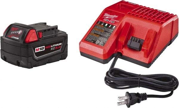 Milwaukee Tool - 18 Volt Lithium-Ion Power Tool Battery - 5 Ahr Capacity, 110 min Charge Time, Series RED LITHIUM - Eagle Tool & Supply