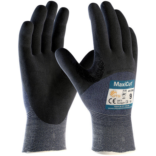 ‎44-3755/XXXL Cut Resistant Gloves - MaxiCut Ultra - Blue 15G Eng Yarn - Black 3/4 Dip MicroFoam Nitrile - A3 - Exact Industrial Supply