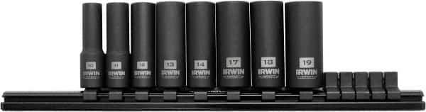 Irwin - 8 Piece 3/8" Drive Deep Well Impact Socket Set - 6 Points, 10mm to 19mm Range, Metric Measurement Standard - Eagle Tool & Supply
