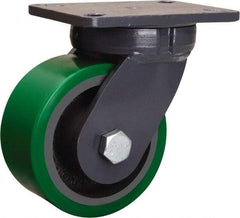Hamilton - 6" Diam x 3" Wide x 8" OAH Top Plate Mount Swivel Caster - Polyurethane Mold onto Cast Iron Center, 2,200 Lb Capacity, Tapered Roller Bearing, 5-1/4 x 7-1/4" Plate - Eagle Tool & Supply