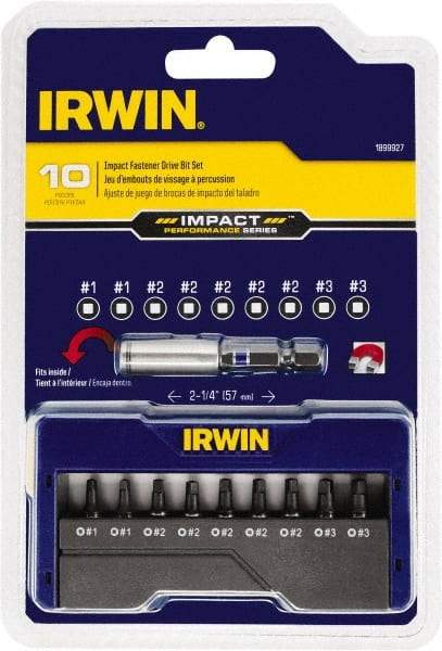 Irwin - 10 Piece, Screwdriver Insert Bit Set - #1 to #3 Square Recess - Eagle Tool & Supply