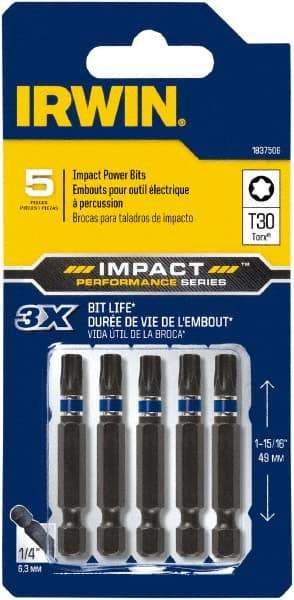 Irwin - T30 Torx Bit - 1/4" Hex Drive, 2" OAL - Eagle Tool & Supply