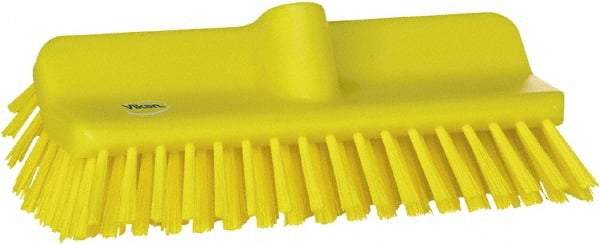 Vikan - 1-1/2" Bristle Length, Polyester Cleaning & Finishing Brush - 9-5/8" Long x 5" Wide Head, 10" OAL, European Threaded Handle, Yellow, Polypropylene Block - Eagle Tool & Supply