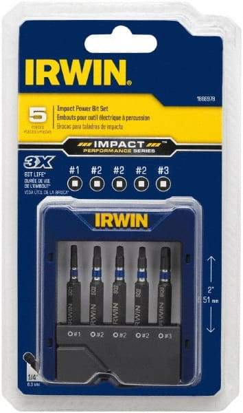 Irwin - 5 Piece, Screwdriver Power Bit Set - #1 to #3 Square Recess - Eagle Tool & Supply