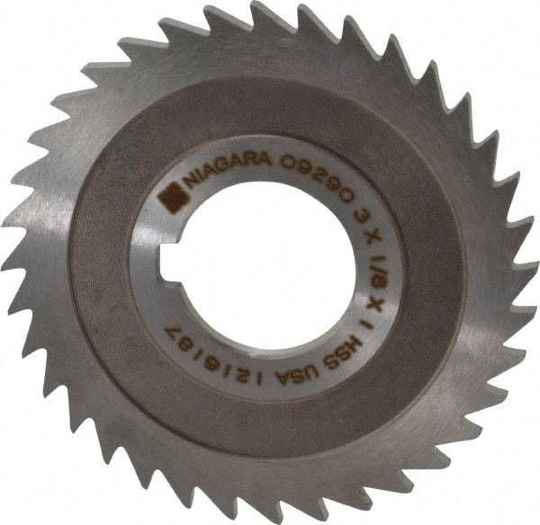 Keo - 3" Diam x 1/8" Blade Thickness x 1" Arbor Hole Diam, 36 Tooth Slitting and Slotting Saw - Arbor Connection, Right Hand, Uncoated, High Speed Steel, 10° Rake, Concave Ground - Eagle Tool & Supply