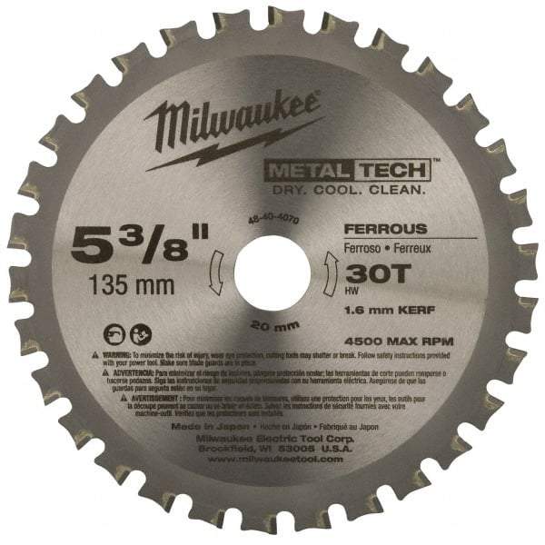 Milwaukee Tool - 5-3/8" Diam, 20mm Arbor Hole Diam, 30 Tooth Wet & Dry Cut Saw Blade - Carbide-Tipped, Standard Round Arbor - Eagle Tool & Supply