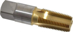 OSG - 3/8-18 NPTF Thread, 4 Flute Standard Pipe Tap - 2-9/16" OAL, 1-1/16" Thread Length, 0.7" Shank Diam, TiN Finish, High Speed Steel - Exact Industrial Supply